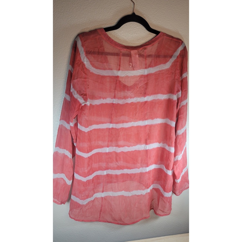 Language Silk‎ Sheer V-Neck Long Sleeve Blouse Coral Stripe Size M - Picture 6 of 8